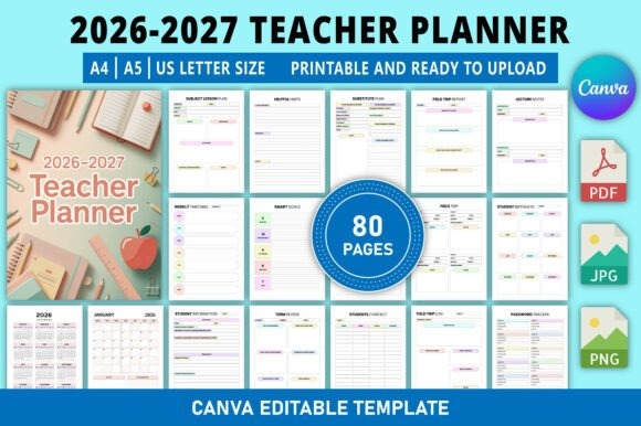 2026-2027 teacher planner templates with 80 pages including calendars, lesson plans, and semester planning in A4, A5, US