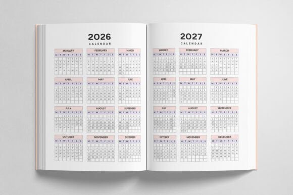 Teacher planner templates showing 2026 and 2027 calendars in an open book layout