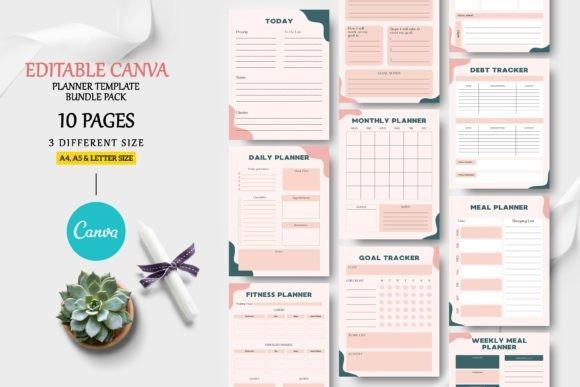 Editable planner templates bundle with daily, monthly, fitness, meal, budget, and goal tracking pages in blush-pink style
