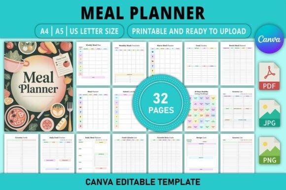 Best planner template designs showing a 32-page editable meal planner Canva template with weekly menus, grocery lists, and