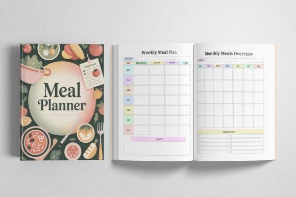 Best planner template designs showing a meal planner cover and open pages with weekly and monthly meal plans