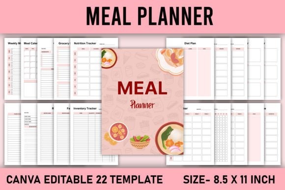 weekly meal planner template with multiple editable Canva pages including meal calendar, grocery list, and nutrition tracker