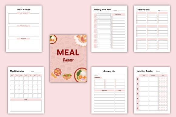 weekly meal planner template with meal planner, weekly meal plan, grocery lists, meal calendar, and nutrition tracker pages