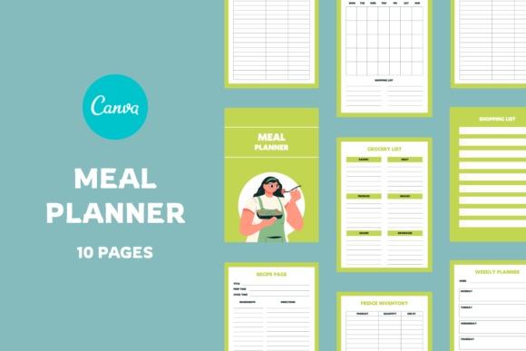 Meal planner templates showing 10-page Canva design with weekly, monthly, grocery, inventory, and recipe pages