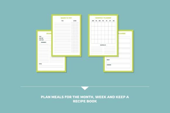 Editable meal planner templates showing recipe, monthly planner, and weekly planner pages for meal planner templates