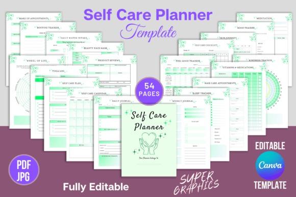 Editable planner templates showing 54-page self-care planner with skincare, beauty, and wellness tracking pages