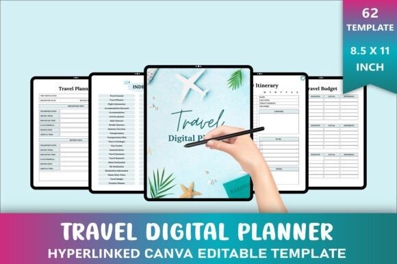 Editable travel digital planner template showing itinerary, budget, and preparation pages on tablets — trip planner template