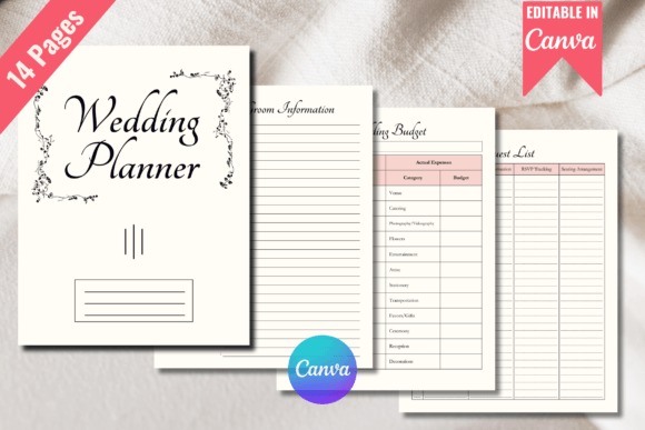 Editable wedding planner templates with 14 pages including cover, budget, guest list, and room information, editable in Canva