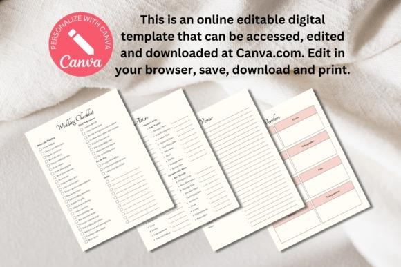 Editable wedding planner templates shown as four letter-sized pages with checklists and notes, customizable on Canva