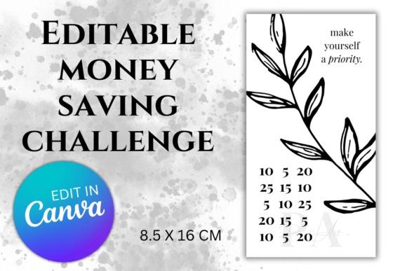 Editable money saving challenge budget planner template with customizable text and categories for monthly money management