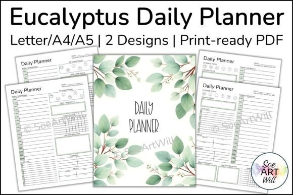 Eucalyptus-themed day planner templates with daily schedule, to-dos, meals, expenses, habits, mood, self-care, and gratitude