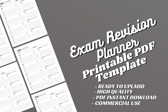 Exam planner template showing printable PDF pages with sections for exam revision tasks and schedules