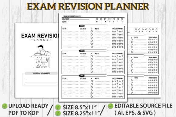 Exam planner template showing undated revision planner pages with to-do lists, notes, and understanding rating stars