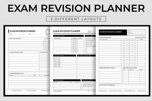 Exam planner template showing three different printable exam revision planner layouts with sections for study goals, daily