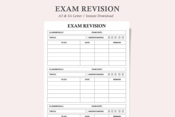 exam planner template with sections for class/module, exam date, topics, understanding rating, to do list, date, and remarks