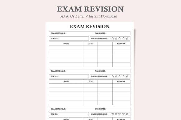 Minimalist study planner template for exam revision with sections for class, exam date, topics, understanding rating, to do