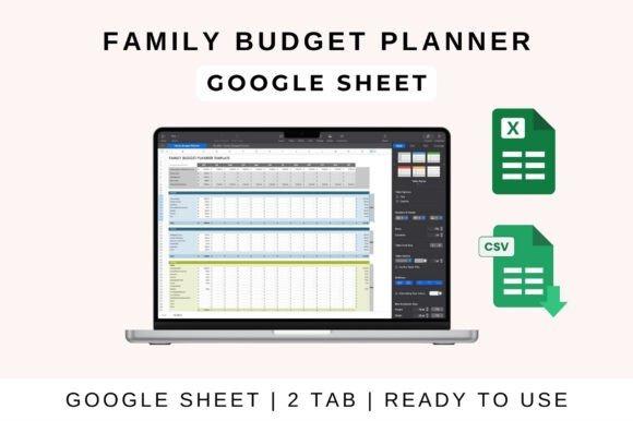 Family budget planner template displayed on a laptop screen compatible with Excel, Google Sheets, and Apple Numbers