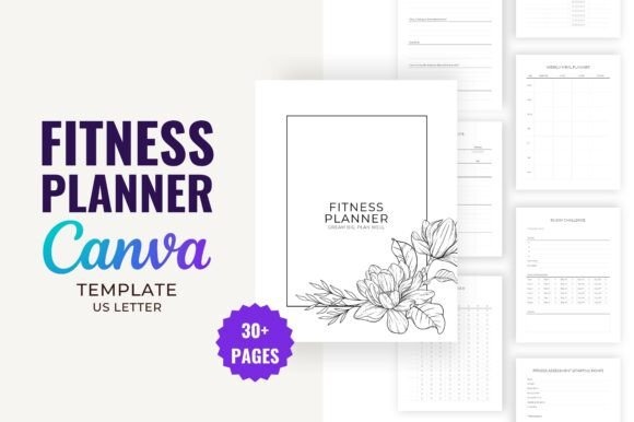 Editable workout planner template with 33 pages including goals, progress, personal records, and workout logs