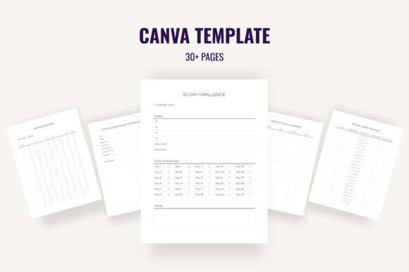 Editable workout planner template pages including 30-day challenge and fitness tracking in Canva format