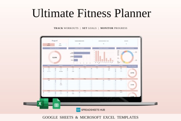 Workout planner template displayed on a laptop screen showing charts and tables for tracking workouts and progress