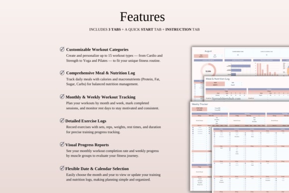 Workout planner template spreadsheet features including customizable categories, meal logs, workout tracking, exercise logs