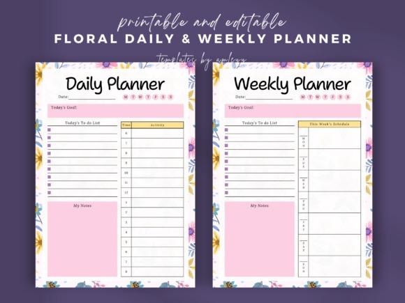 Floral daily planner template with sections for goals, to-do list, time schedule, and notes alongside a matching weekly