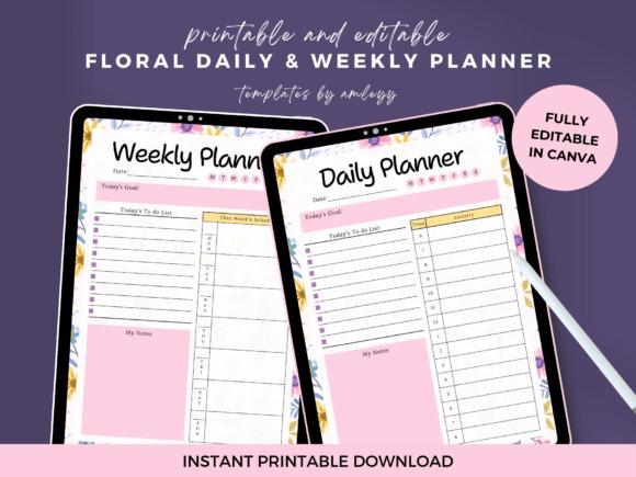 Floral daily planner template and weekly planner template with editable Canva design and decorative floral background
