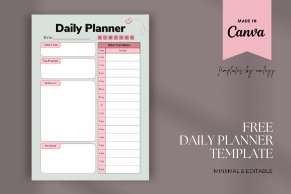 Editable day planner template with sections for goals, priorities, to-do list, notes, and hourly — day planner templates