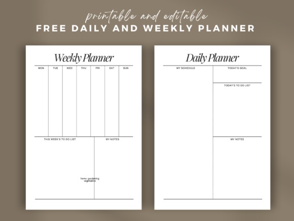 planner template for personal organization showing editable weekly and daily planner pages with sections for tasks, goals