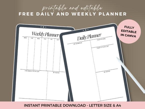 Weekly planner template showing printable and editable daily and weekly planner pages with sections for schedule, tasks