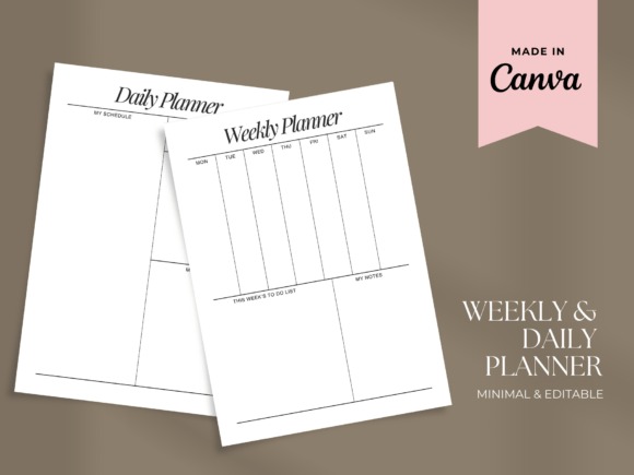 Minimal editable planner template for personal organization showing daily and weekly planner layouts