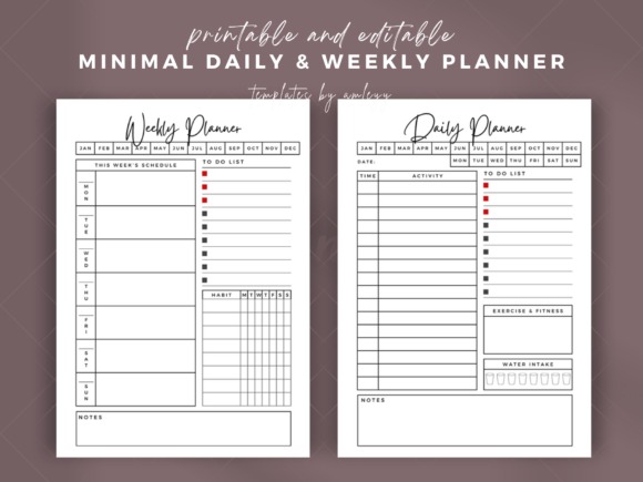 planner template for personal organization showing minimal daily and weekly planner pages with schedule, to-do list, habit
