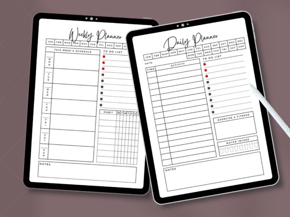 planner template for personal organization showing weekly and daily planner layouts on tablets with schedule, to-do list