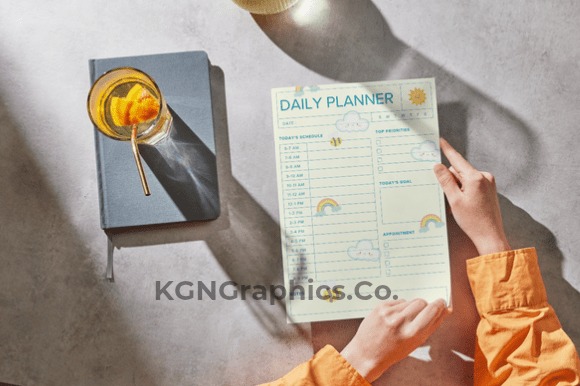 Daily planner template for personal organization with schedule, top priorities, and to-do list sections on a table with a