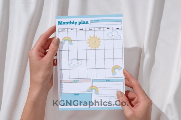 Monthly planner template for personal organization with days of the week and decorative rainbows, sun, and clouds