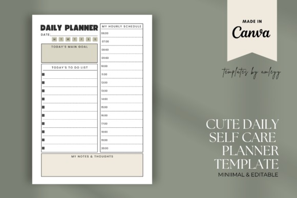 planner template for personal organization with daily schedule, to-do list, main goal, and notes sections
