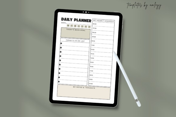 Minimalist day planner template displayed on a tablet with a stylus, showing schedule and task — day planner templates