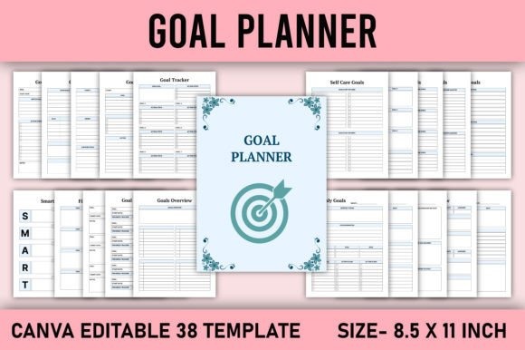 Goal planner template with multiple pages including goal tracker, self care goals, SMART goals, and overview in a Canva