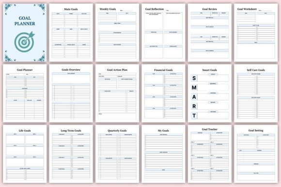 goal planner template with multiple pages including main goals, weekly goals, reflections, reviews, worksheets, financial