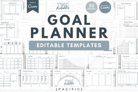 Goal planner templates for organizing with daily, weekly, monthly, and yearly planning pages in editable Canva format