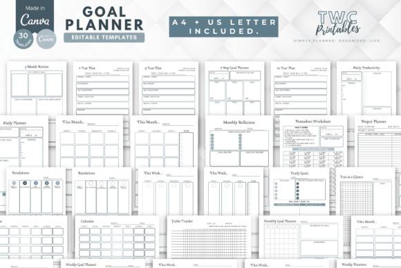 planner templates for organizing with 30 editable Canva pages including goal setting, habit tracking, calendars, and project