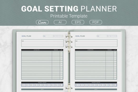 Goal planner template printable with sections for goal, action steps, and deadlines in a binder layout
