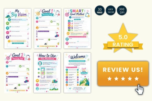 Goal planner template showing colorful pages with planning prompts, SMART goals, habit trackers, and workbook instructions