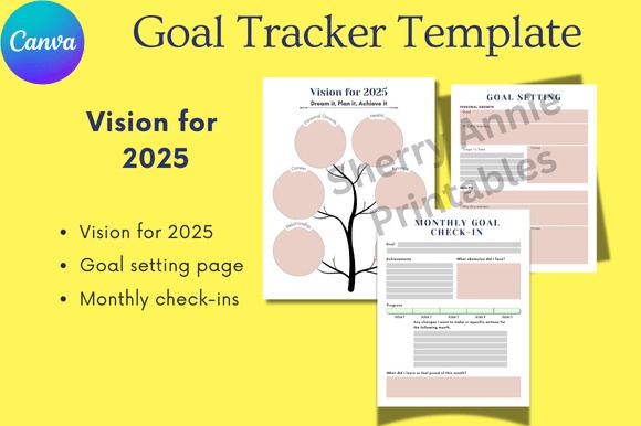 Goal planner template showing vision for 2025, goal setting page, and monthly goal check-ins on a yellow background