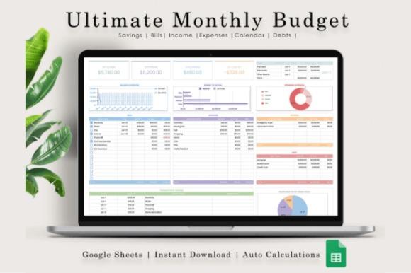 Budget planner template displayed on a laptop screen showing monthly and annual dashboards, charts, and categorized