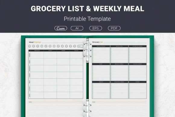 weekly meal planner template with categorized grocery list and meal planning sections in a binder