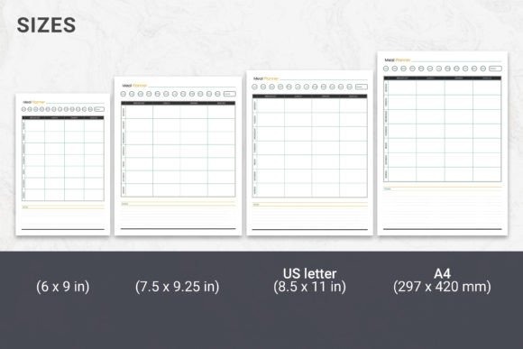 Weekly meal planner template shown in four printable sizes including 6x9, 7.5x9.25, US letter, and A4 formats