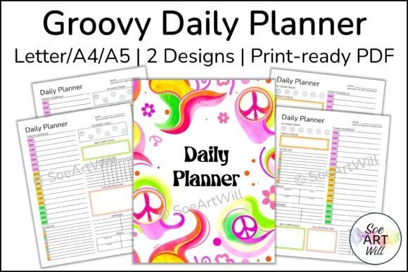 Groovy daily planner templates with colorful retro design and sections for schedule, focus, to-dos — day planner templates