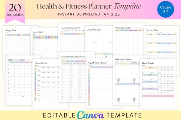 best planner template designs showing editable health and fitness planner pages with trackers and schedules