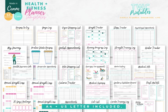Workout planner template with 63 editable Canva pages including daily and weekly exercise logs, weight tracker, and wellness
